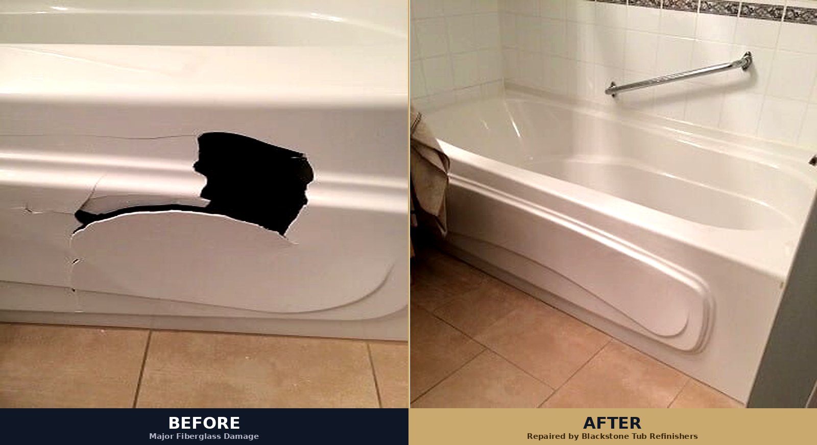 Before and after fiberglass bathtub repair by Blackstone Tub Refinishers Calgary — major hole damage fully restored